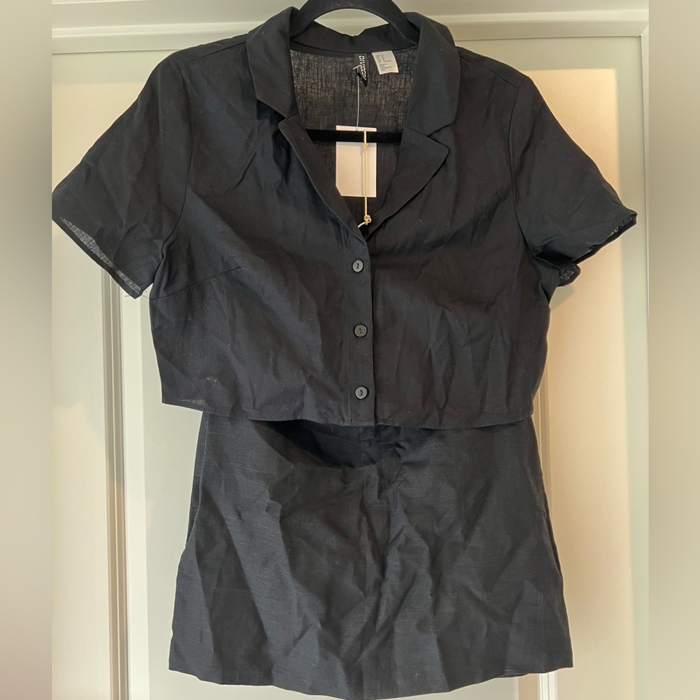 Linen Black Cropped Button-Up Shirt and Skirt Set